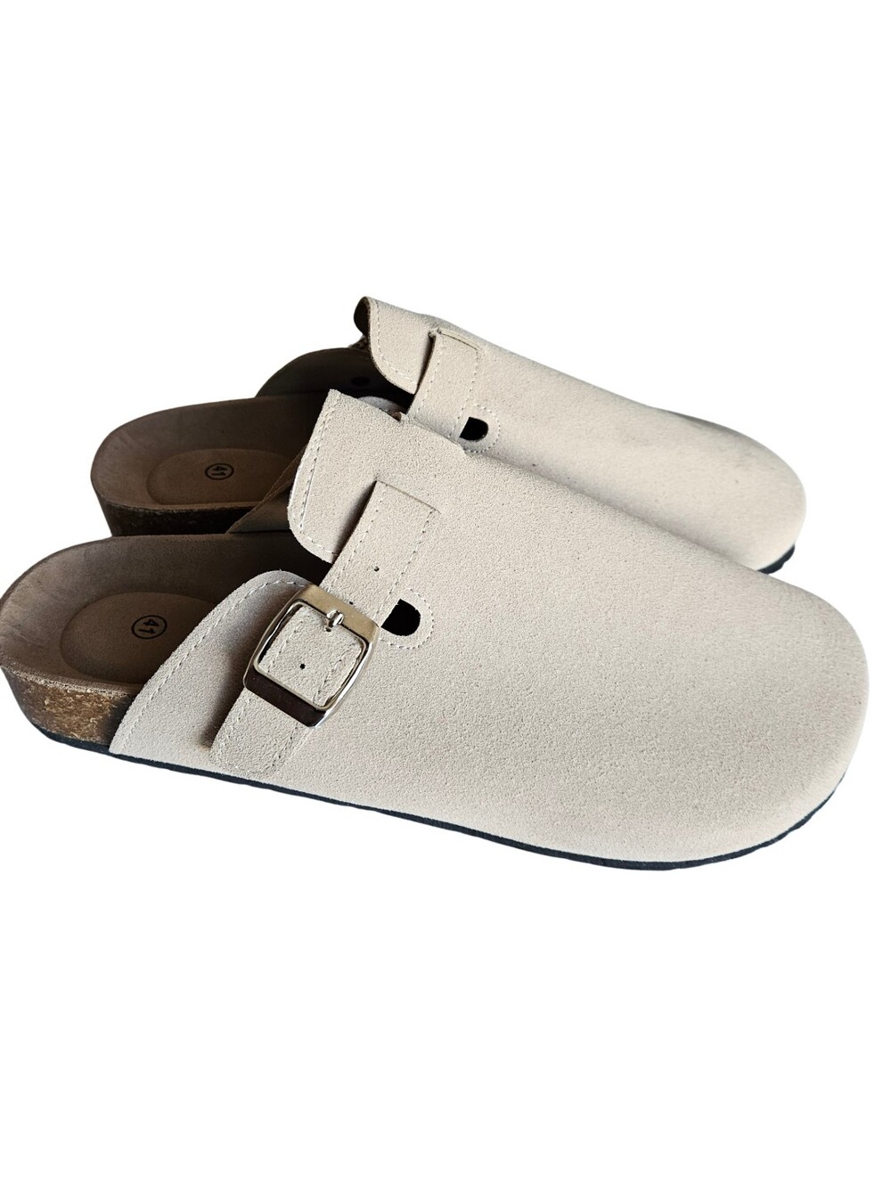 Beige Suede Clog Mules with Buckle